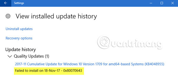 Lỗi 0x80070643 trong lịch sử cập nhật Windows