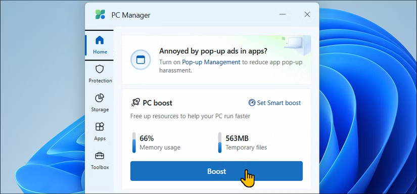 Màn hình chính của Microsoft PC Manager trên Windows 11