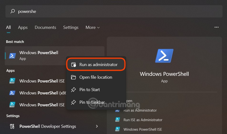 Mở PowerShell dưới quyền Administrator