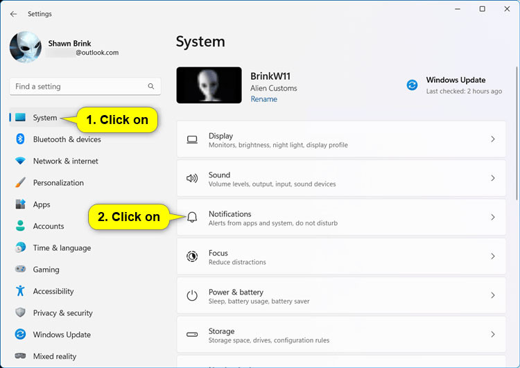 Mở System > Notifications