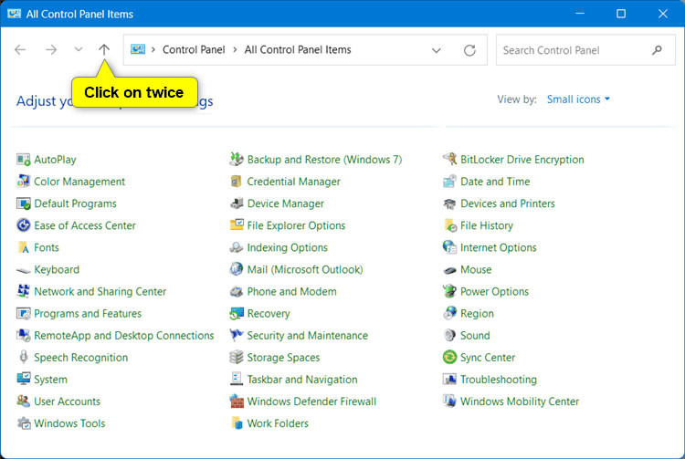 Nếu sử dụng chế độ xem biểu tượng nhỏ, hãy nhấn hai lần vào mũi tên lên