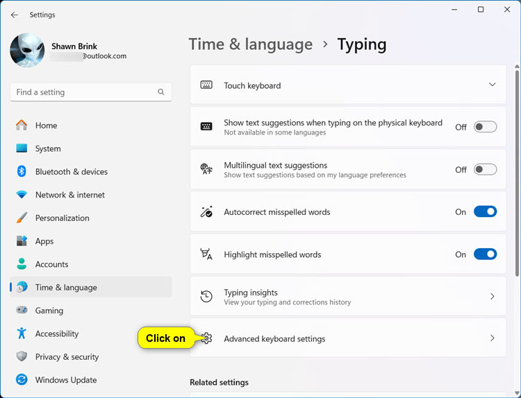 Nhấp vào Advanced keyboard settings