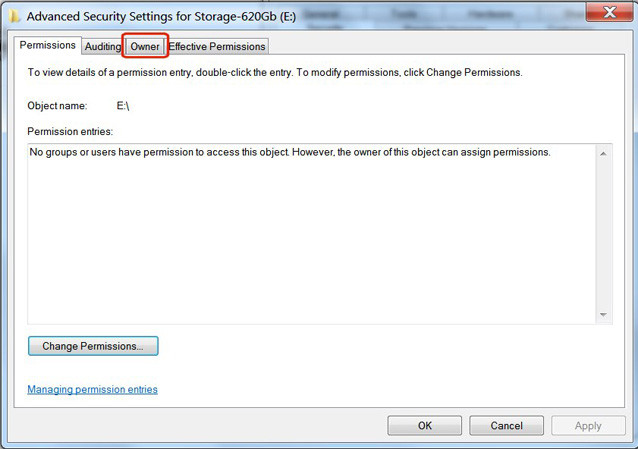Nhấp vào tab Owner trong Advanced Security Settings