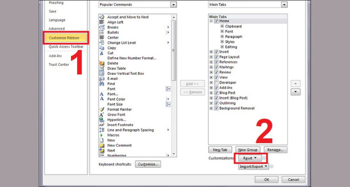 Reset thanh công cụ Word 2007