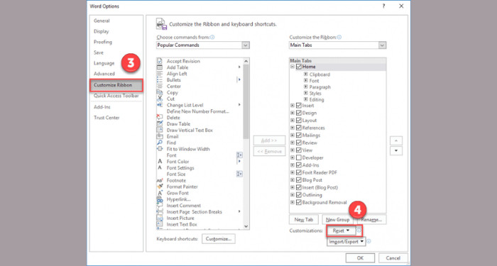 Reset thanh công cụ