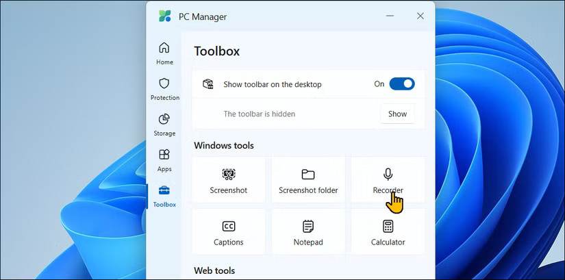 Tab Toolbox mở trong Microsoft PC Manager trên Windows 11
