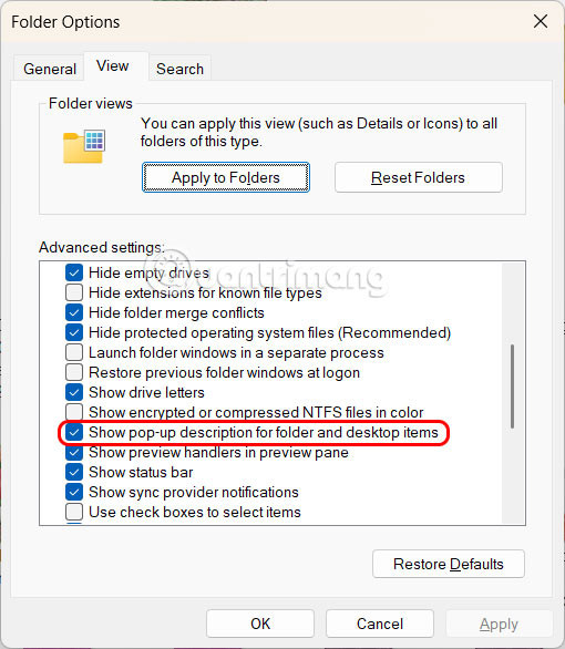 Tắt pop-up mô tả thư mục Windows 11