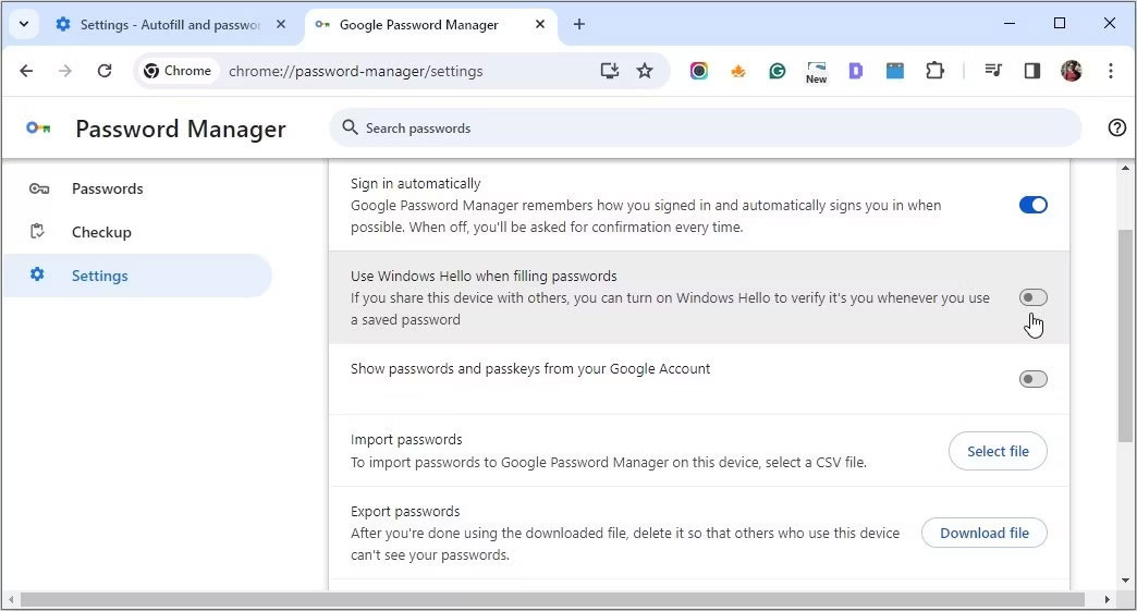 Tắt Windows Hello cho mật khẩu Chrome