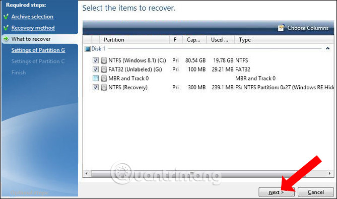 Tích chọn vào các phân vùng