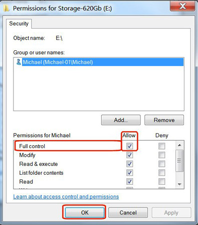 Tích vào ô Full control, sau đó nhấp vào nút OK trong cột Allow