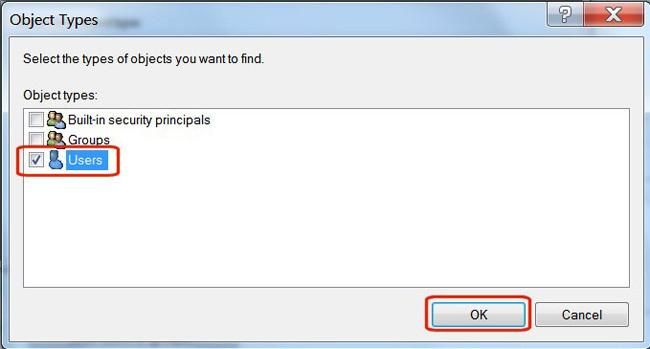 Trong phần &quot;Object Types&quot;, bỏ tích tất cả các ô ngoài Users, sau đó nhấn OK