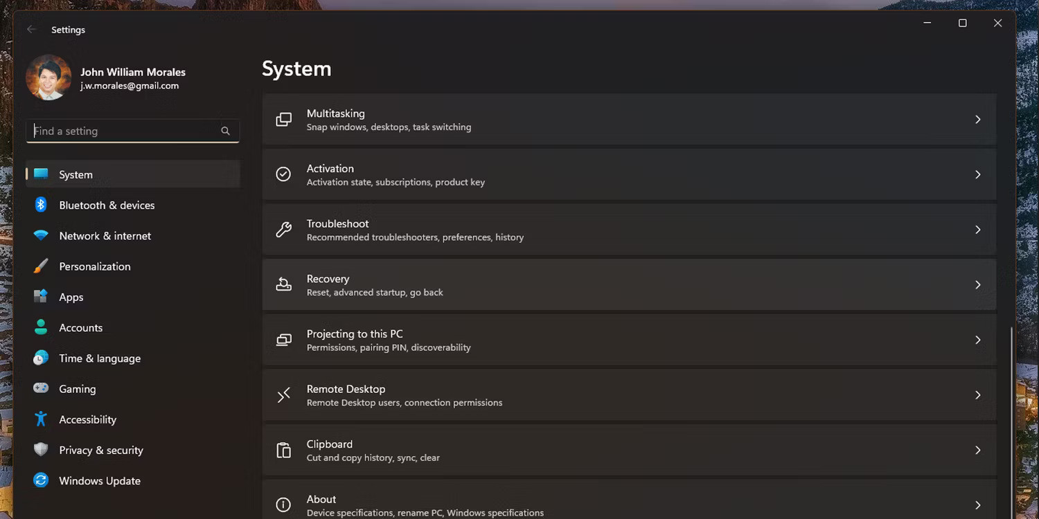 Tùy chọn khôi phục Windows 11 trong Settings