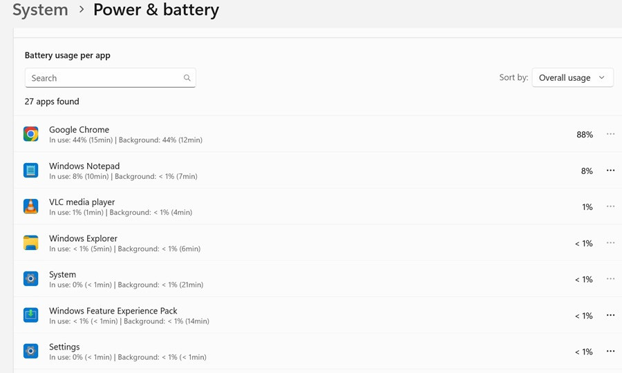 Ứng dụng dùng nhiều pin trên Windows 11