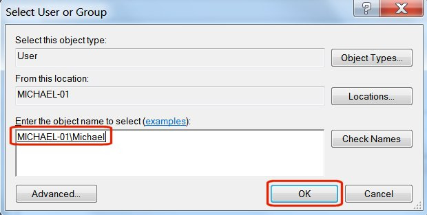 Xác minh tên người dùng trong cửa số object và nhấn OK