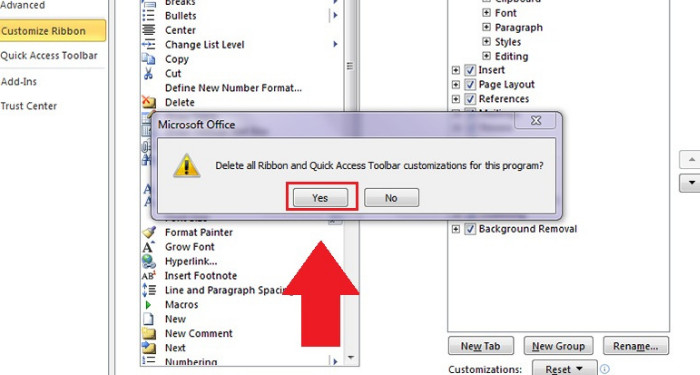 Xác nhận reset thanh công cụ